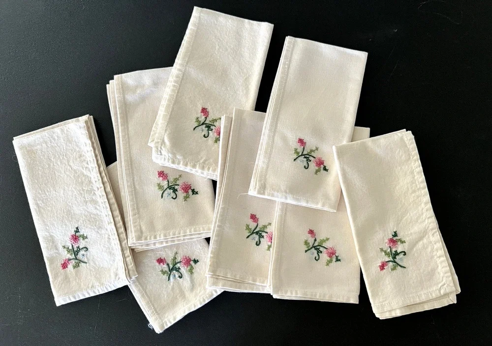 Vintage Set of 8 Cotton TEACLOTH NAPKINS Pink Cross Stitch Flowers On Corners